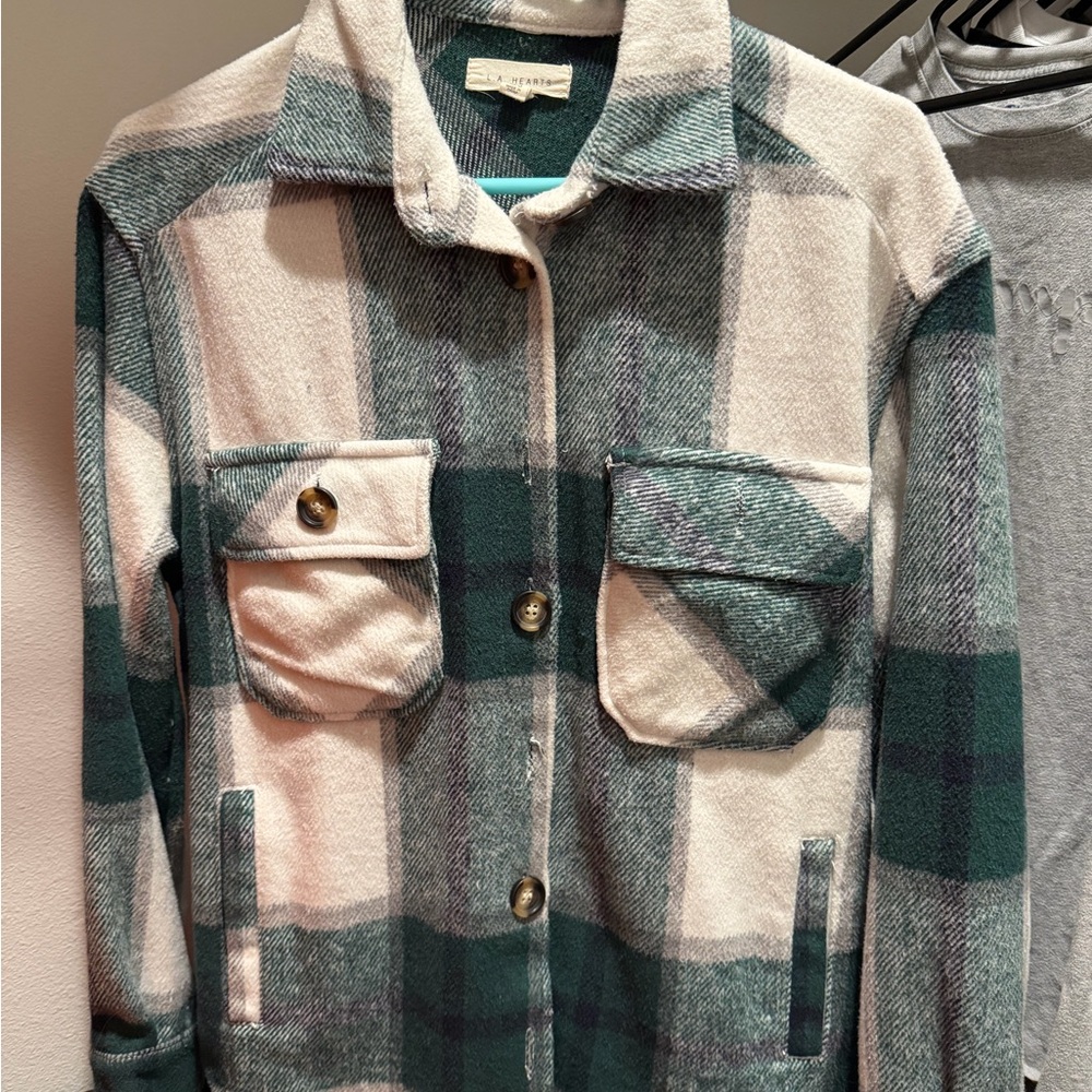 La Hearts Green and Cream Plaid Utility Jacket